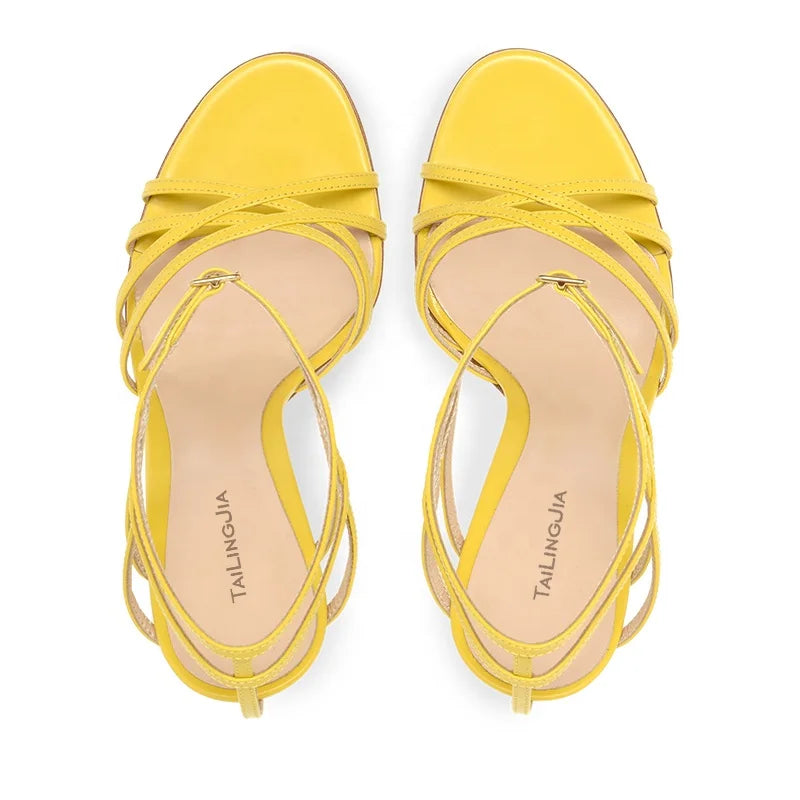 Schicke schwarze High Heels für Damen mit Riemchen-Sandalen in Gelb