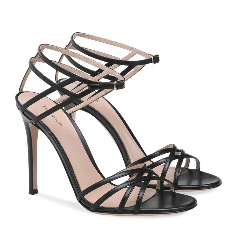Chic Black High Heels for Woman Heeled Strappy Yellow Sandals