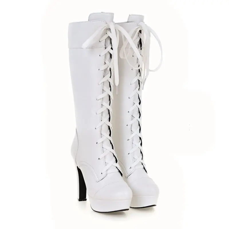 QPLYXCO Knee High Boots Women New Fashion Small Big Size 31-45 Autumn Winter Warm Lace Up High Heels Long Platform Boots M-20