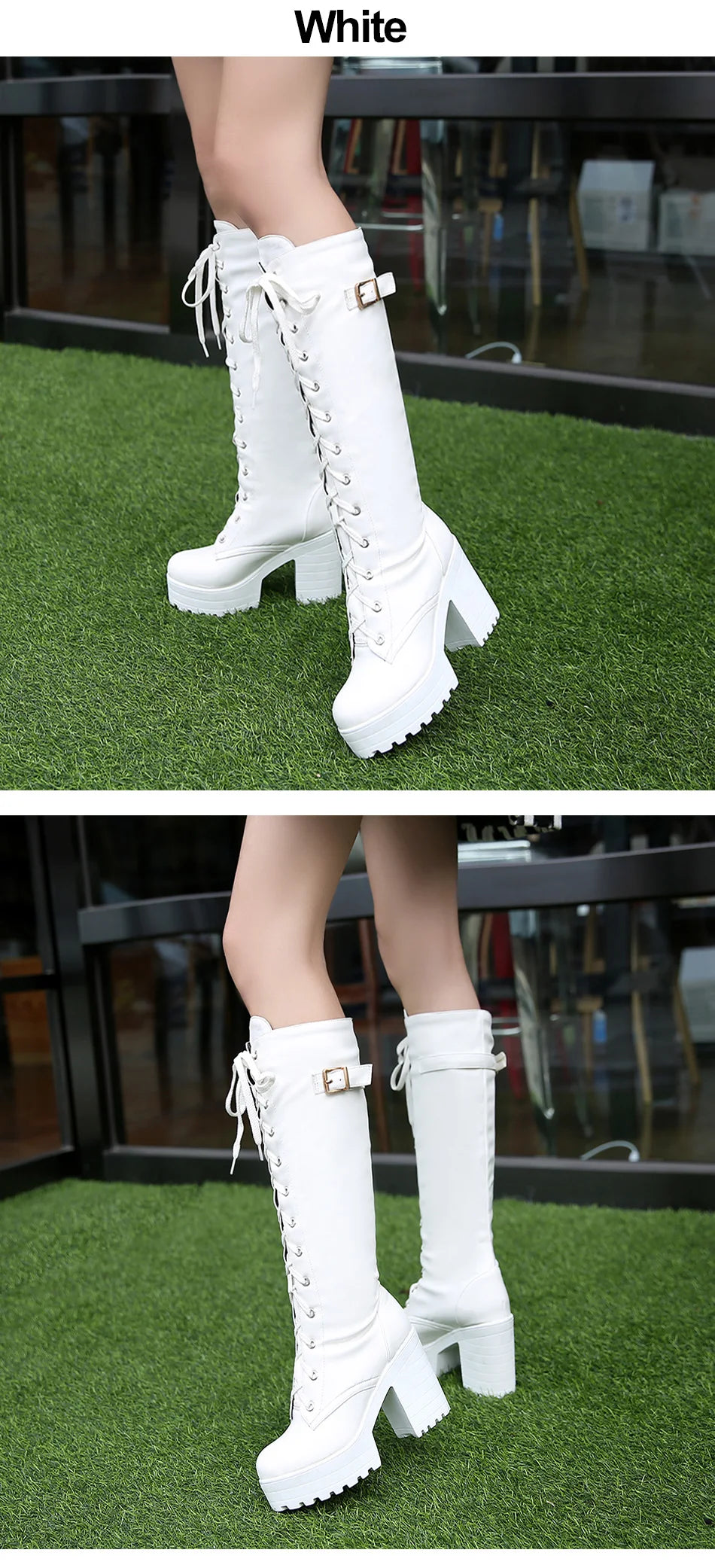 Gdgydh Hot Sale Spring Autumn Lacing Knee High Boots Women Fashion White Square Heel Woman Leather Shoes Winter PU Large Size 43