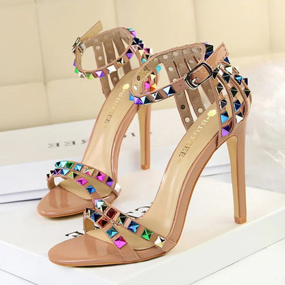 2022 Bunte Nieten Sandalen für Damen Sexy 11CM Absätze Bling Reflektierende Chaussure Talon Modische Sommerschuhe