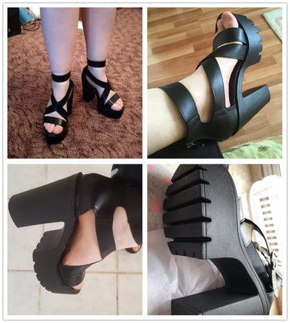 Gdgydh Mode solide plate-forme sandales femmes été chaussures bout ouvert style Rome talons hauts boucle mode gladiateur chaussures femme