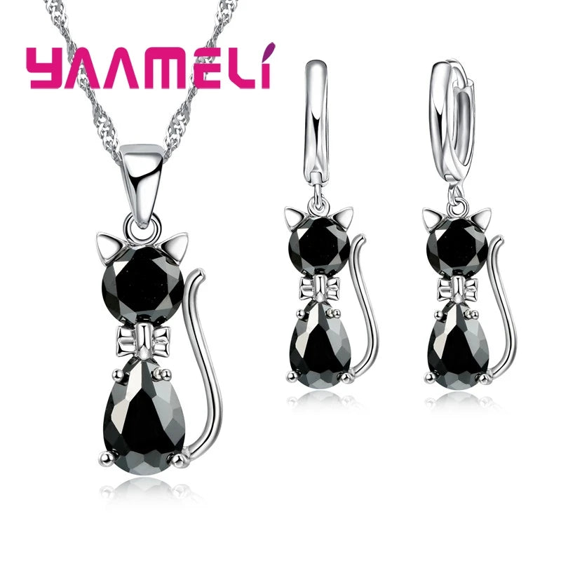 Set di gioielli in vero argento sterling 925 per donna ragazza brillante cristallo austriaco collana con ciondolo gatto carino orecchino Huggie