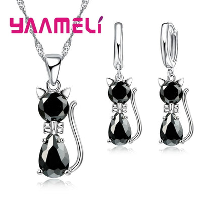 Set di gioielli in vero argento sterling 925 per donna ragazza brillante cristallo austriaco collana con ciondolo gatto carino orecchino Huggie