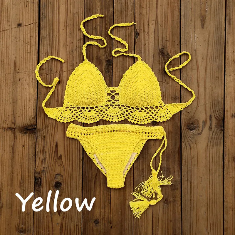 Costume da bagno donna all'uncinetto a mano in 10 colori Costume da bagno sexy con top corto push up Costume da bagno da spiaggia con nappa Pantaloncini da bagno