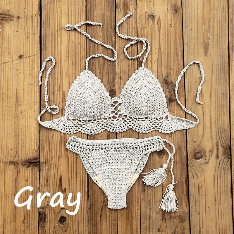 Costume da bagno donna all'uncinetto a mano in 10 colori Costume da bagno sexy con top corto push up Costume da bagno da spiaggia con nappa Pantaloncini da bagno