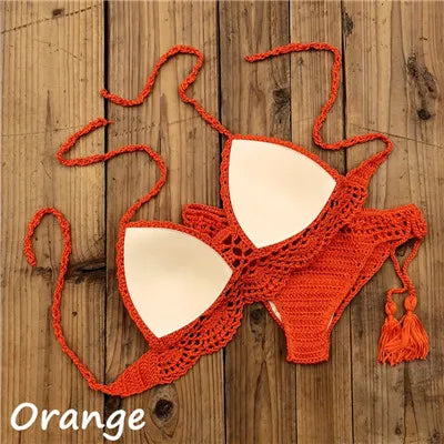 Costume da bagno donna all'uncinetto a mano in 10 colori Costume da bagno sexy con top corto push up Costume da bagno da spiaggia con nappa Pantaloncini da bagno
