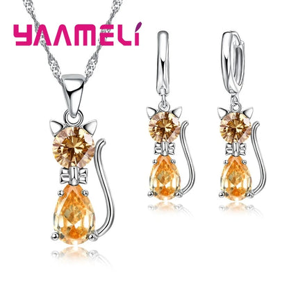 Set di gioielli in vero argento sterling 925 per donna ragazza brillante cristallo austriaco collana con ciondolo gatto carino orecchino Huggie