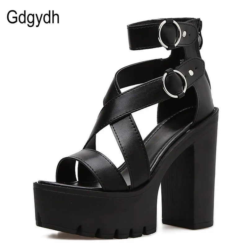 Gdgydh Mode solide plate-forme sandales femmes été chaussures bout ouvert style Rome talons hauts boucle mode gladiateur chaussures femme