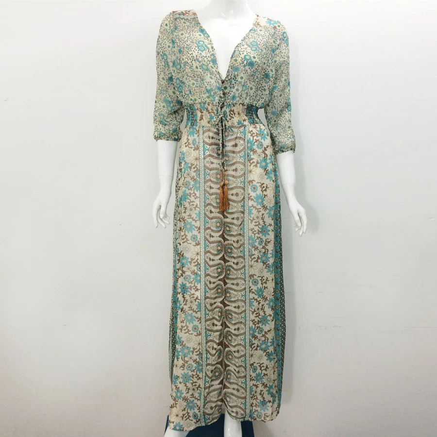TEELYNN boho abito lungo Vintage 2023 stampa floreale Chiffon manica a tre quarti scollo a v estate Gypsy Hippie abiti da donna vestidos