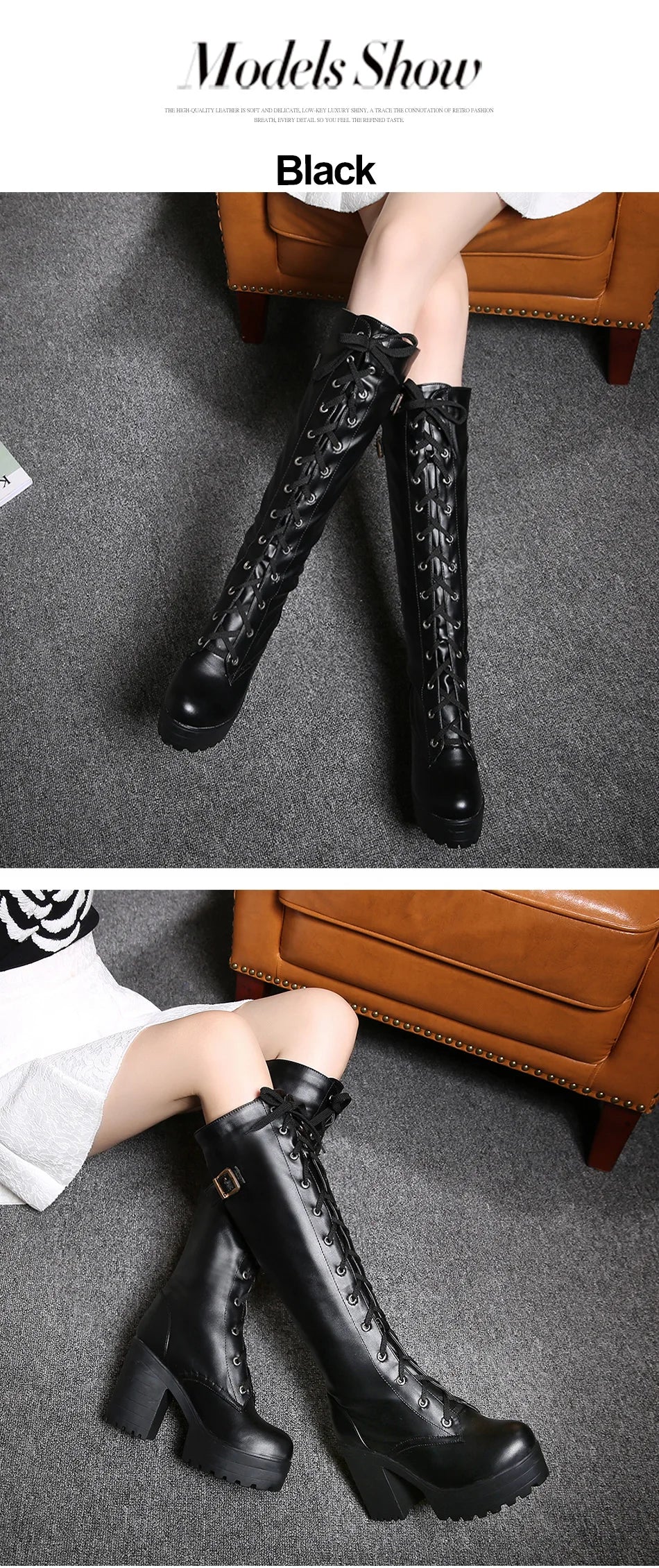Gdgydh Hot Sale Spring Autumn Lacing Knee High Boots Women Fashion White Square Heel Woman Leather Shoes Winter PU Large Size 43