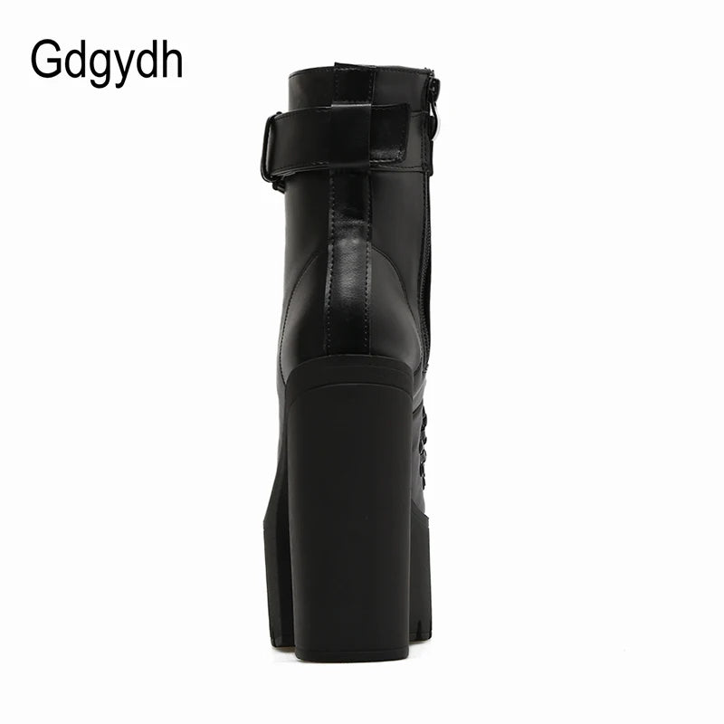 Gdgydh Stivali da moto moda Donna Pelle Primavera Autunno Fibbia in metallo Scarpe con tacco alto Cerniera Stivaletti neri Donna Allacciatura