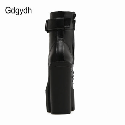 Gdgydh Stivali da moto moda Donna Pelle Primavera Autunno Fibbia in metallo Scarpe con tacco alto Cerniera Stivaletti neri Donna Allacciatura