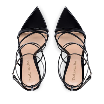 Damen Stiletto Sommerschuhe 2025 Schwarz Sexy Silber Riemchen Pumps Spitz Zehenschuhe Damen Offene High Heels Sandalen