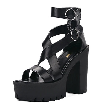 Gdgydh Mode solide plate-forme sandales femmes été chaussures bout ouvert style Rome talons hauts boucle mode gladiateur chaussures femme