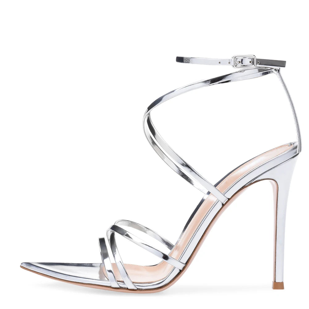 Damen Stiletto Sommerschuhe 2025 Schwarz Sexy Silber Riemchen Pumps Spitz Zehenschuhe Damen Offene High Heels Sandalen