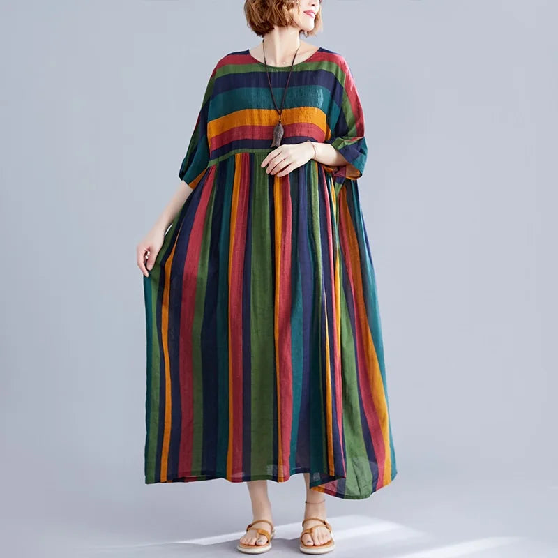 Abito estivo da donna a maniche corte, oversize, in cotone, a righe vintage, nuovo arrivo, casual, ampio, lungo, elegante, collezione 2026