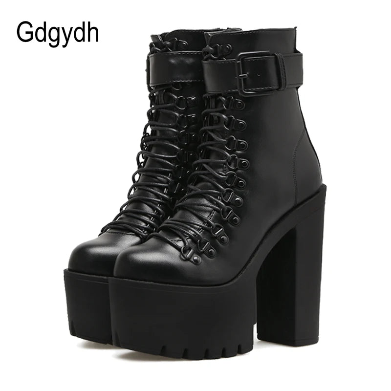 Gdgydh Stivali da moto moda Donna Pelle Primavera Autunno Fibbia in metallo Scarpe con tacco alto Cerniera Stivaletti neri Donna Allacciatura