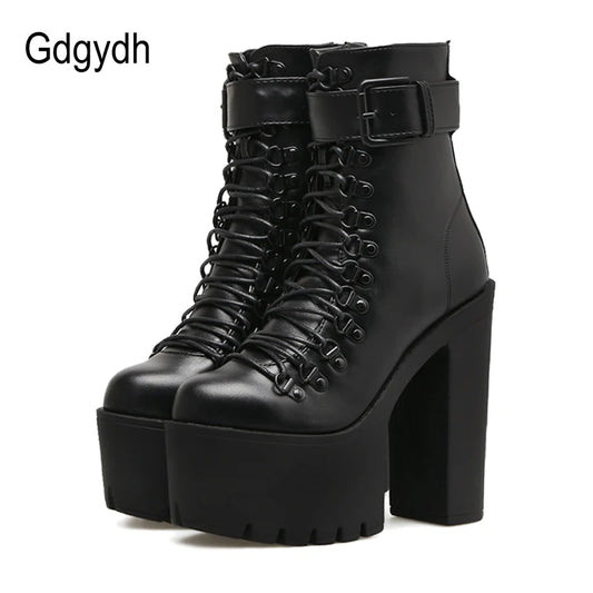 Gdgydh Stivali da moto moda Donna Pelle Primavera Autunno Fibbia in metallo Scarpe con tacco alto Cerniera Stivaletti neri Donna Allacciatura