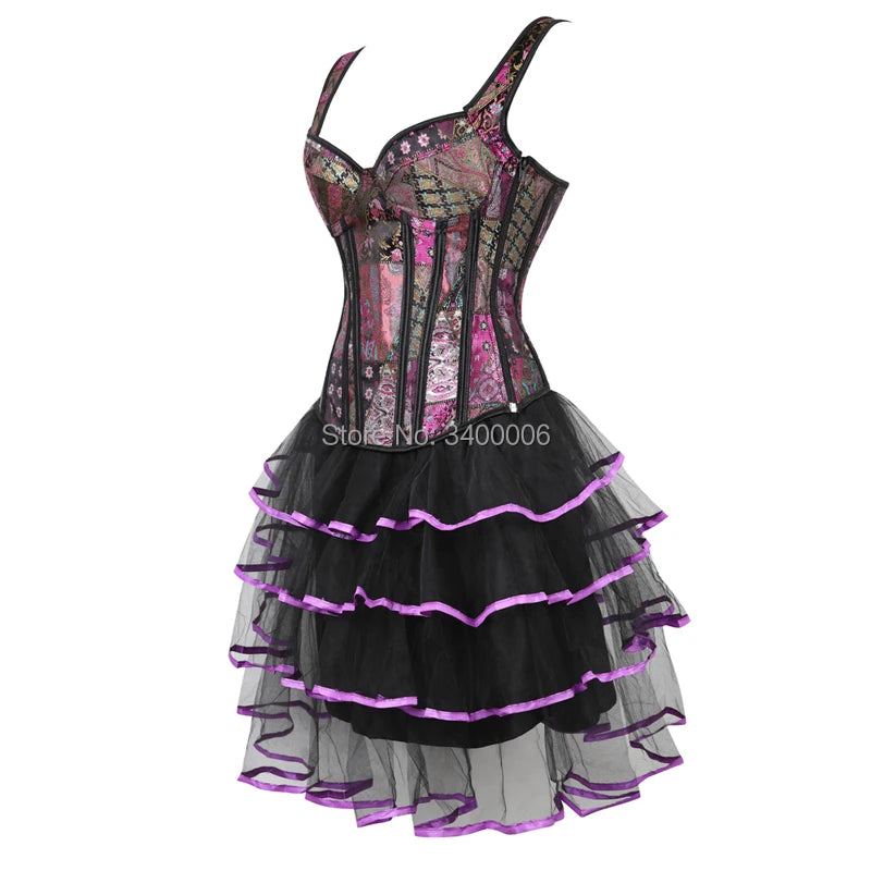 abiti corsetto bustier per donna gonna tutù set corsetto con cinturino con cerniera plus size jacquard gotico burlesque sexy vintage viola 6XL