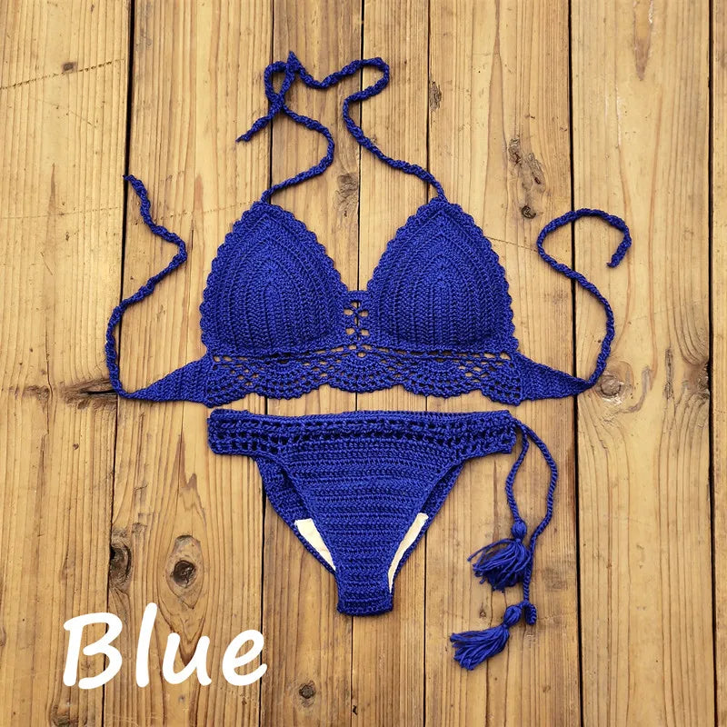 Costume da bagno donna all'uncinetto a mano in 10 colori Costume da bagno sexy con top corto push up Costume da bagno da spiaggia con nappa Pantaloncini da bagno