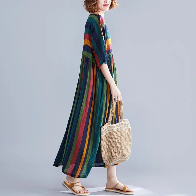Abito estivo da donna a maniche corte, oversize, in cotone, a righe vintage, nuovo arrivo, casual, ampio, lungo, elegante, collezione 2026