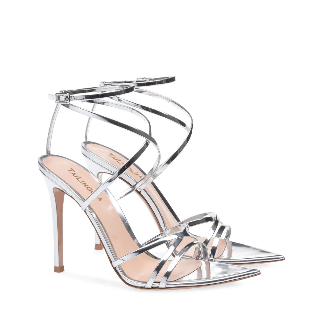Damen Stiletto Sommerschuhe 2025 Schwarz Sexy Silber Riemchen Pumps Spitz Zehenschuhe Damen Offene High Heels Sandalen