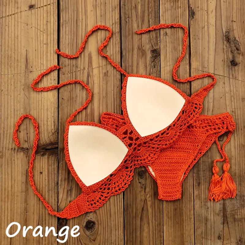 Costume da bagno donna all'uncinetto a mano in 10 colori Costume da bagno sexy con top corto push up Costume da bagno da spiaggia con nappa Pantaloncini da bagno