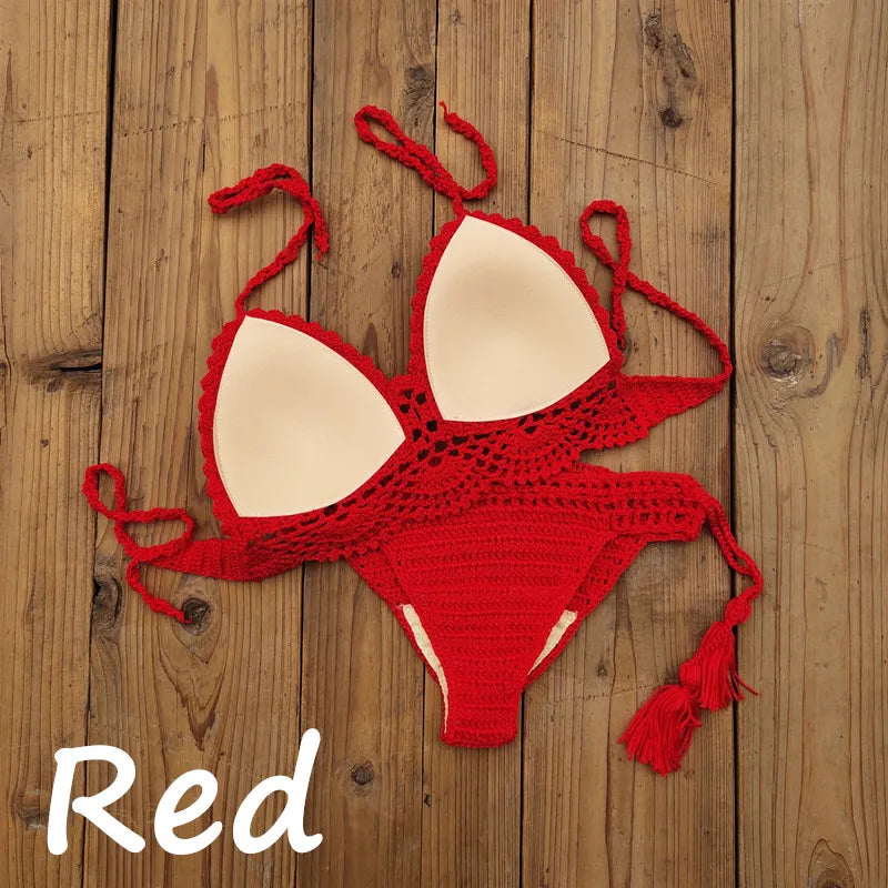Costume da bagno donna all'uncinetto a mano in 10 colori Costume da bagno sexy con top corto push up Costume da bagno da spiaggia con nappa Pantaloncini da bagno