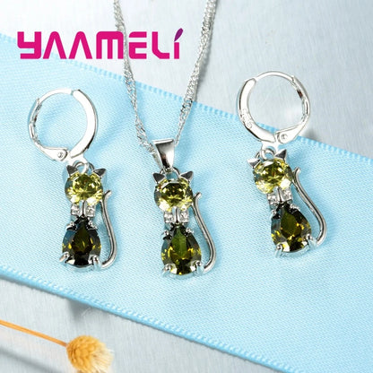 Set di gioielli in vero argento sterling 925 per donna ragazza brillante cristallo austriaco collana con ciondolo gatto carino orecchino Huggie