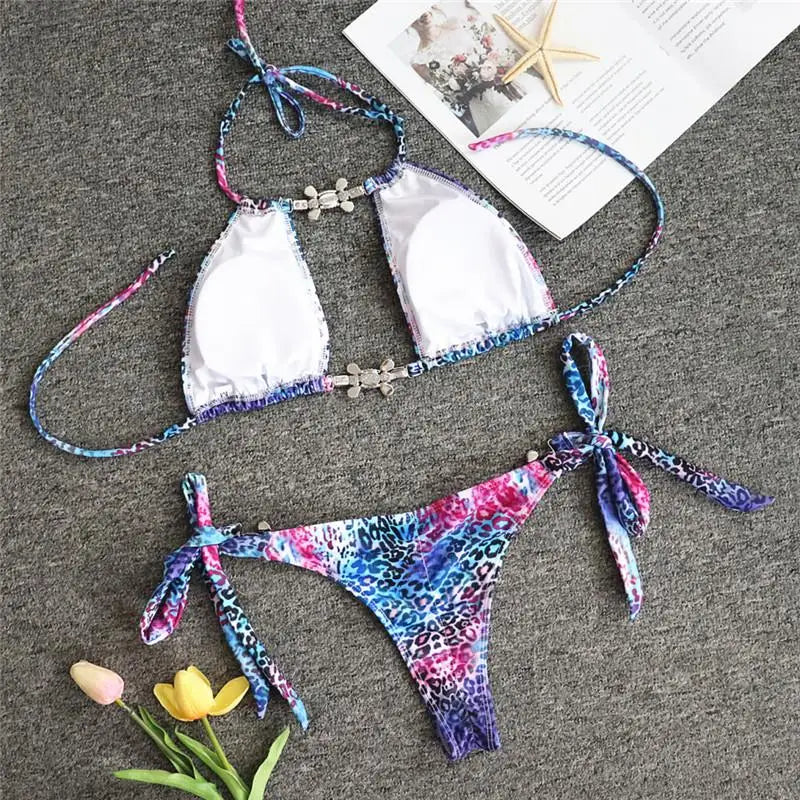 Bikini Leopardato con Strass 2026, Costume da Bagno Donna Scavato, Perizoma Femminile, Set Bikini con Diamanti, Halter
