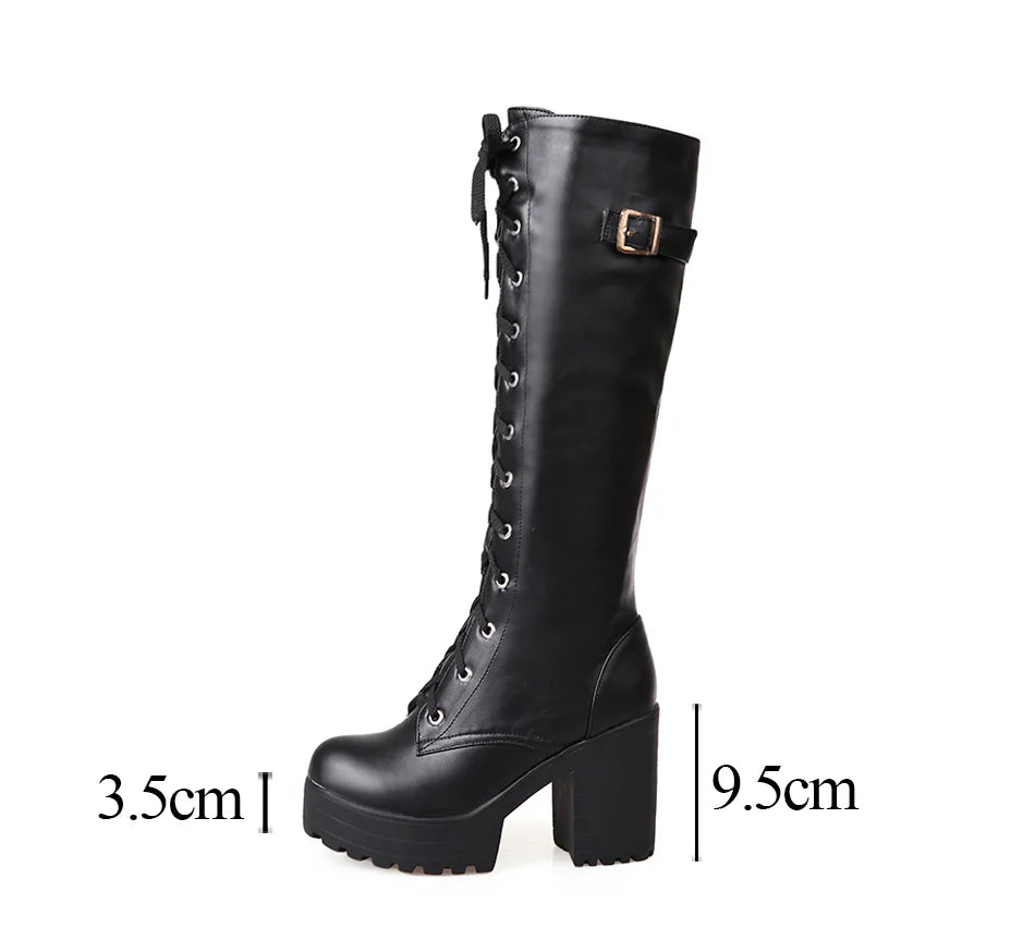 Gdgydh Hot Sale Spring Autumn Lacing Knee High Boots Women Fashion White Square Heel Woman Leather Shoes Winter PU Large Size 43