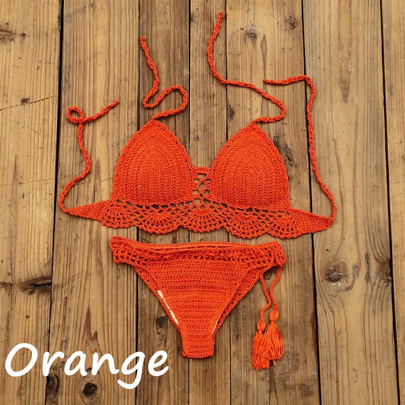 Costume da bagno donna all'uncinetto a mano in 10 colori Costume da bagno sexy con top corto push up Costume da bagno da spiaggia con nappa Pantaloncini da bagno