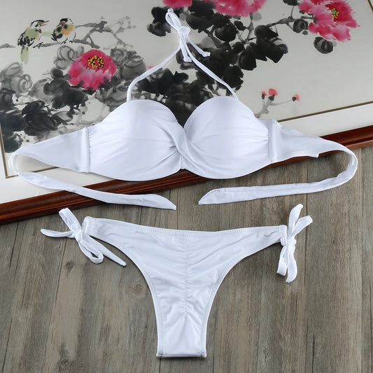Bikini Solide Avec Bretelles Bandage Ensemble Bikini Blanc Push Up Bikini Maillots De Bain Bandeau Maillot De Bain Brésilien Maillot De Bain