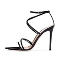 Damen Stiletto Sommerschuhe 2025 Schwarz Sexy Silber Riemchen Pumps Spitz Zehenschuhe Damen Offene High Heels Sandalen