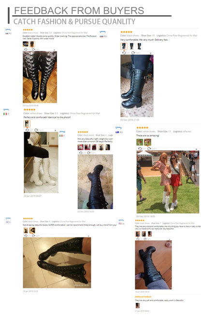 Gdgydh Hot Sale Spring Autumn Lacing Knee High Boots Women Fashion White Square Heel Woman Leather Shoes Winter PU Large Size 43