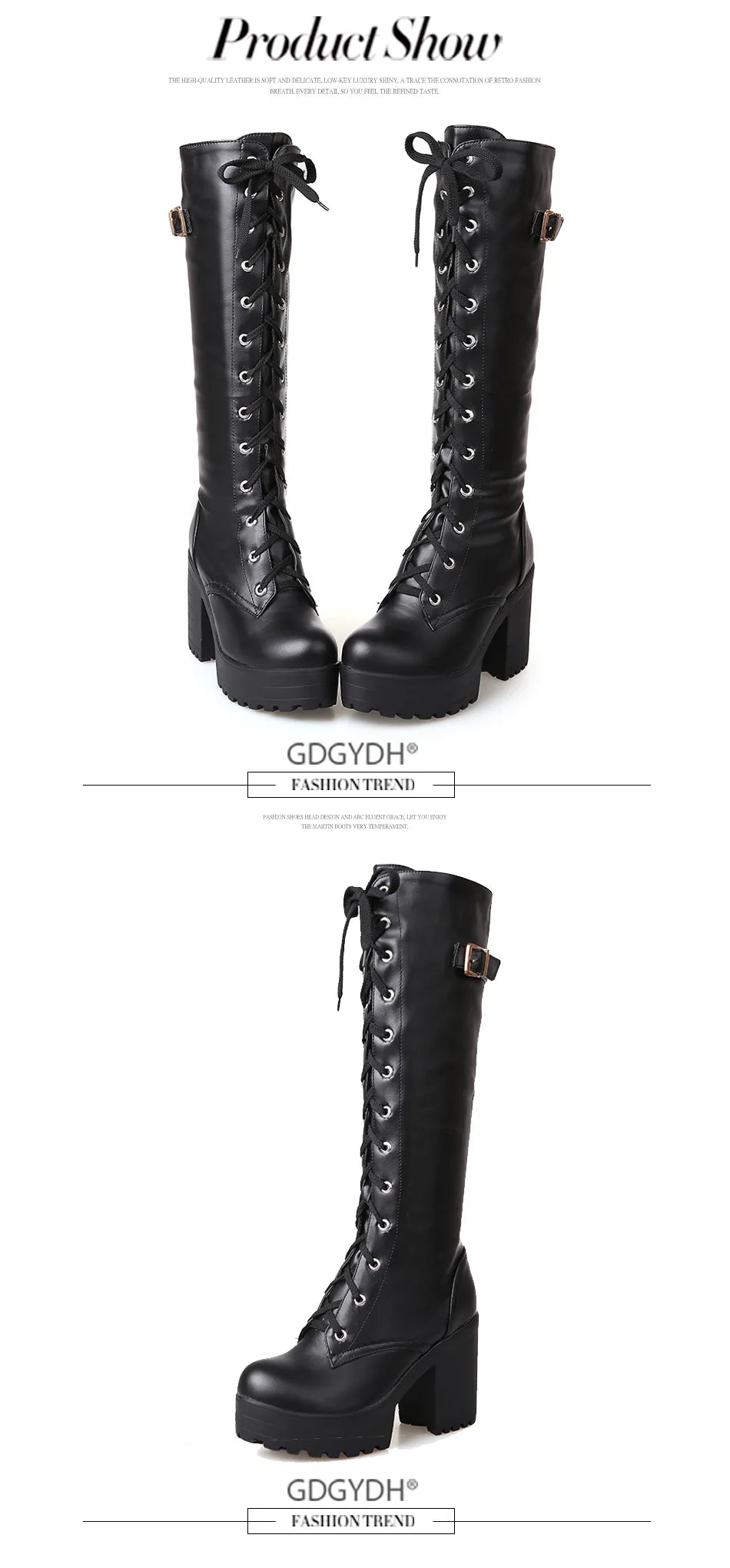 Gdgydh Hot Sale Spring Autumn Lacing Knee High Boots Women Fashion White Square Heel Woman Leather Shoes Winter PU Large Size 43