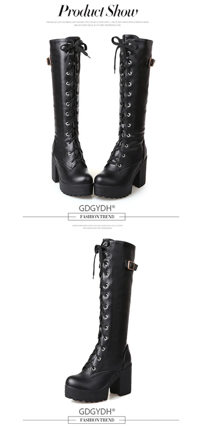 Gdgydh Hot Sale Spring Autumn Lacing Knee High Boots Women Fashion White Square Heel Woman Leather Shoes Winter PU Large Size 43