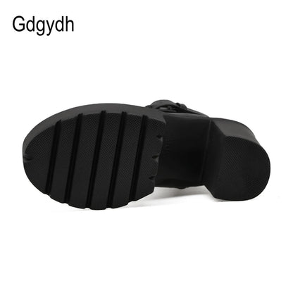 Gdgydh Stivali da moto moda Donna Pelle Primavera Autunno Fibbia in metallo Scarpe con tacco alto Cerniera Stivaletti neri Donna Allacciatura