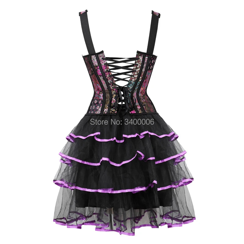 abiti corsetto bustier per donna gonna tutù set corsetto con cinturino con cerniera plus size jacquard gotico burlesque sexy vintage viola 6XL