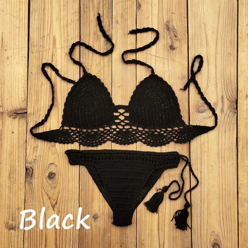 Costume da bagno donna all'uncinetto a mano in 10 colori Costume da bagno sexy con top corto push up Costume da bagno da spiaggia con nappa Pantaloncini da bagno