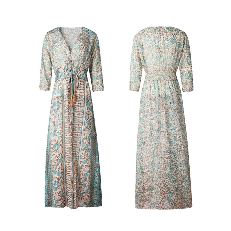 TEELYNN boho abito lungo Vintage 2023 stampa floreale Chiffon manica a tre quarti scollo a v estate Gypsy Hippie abiti da donna vestidos