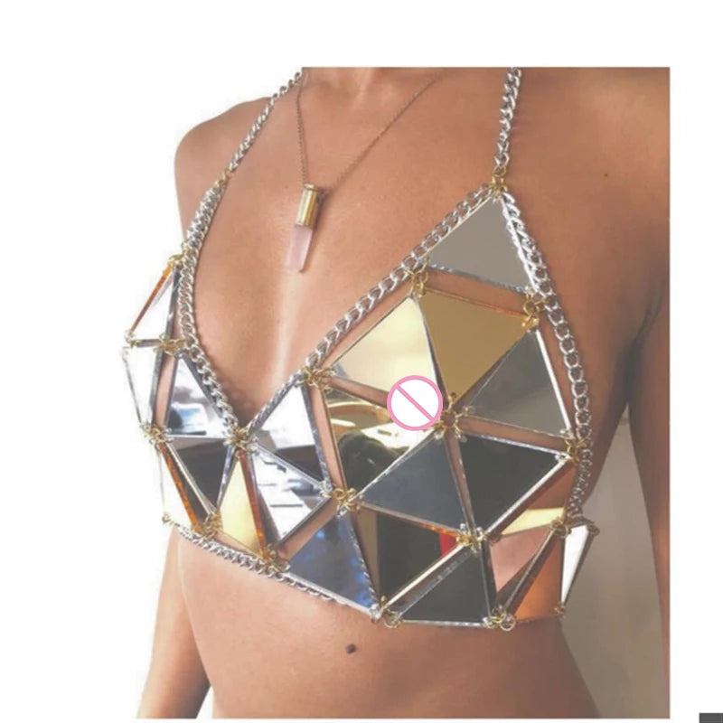 Sexy Summer Beach Women Metal Chain Hollow Sparkly Diamond Sequins Tank Top Short Halter Camis Exotic club Party Crop Tops vests