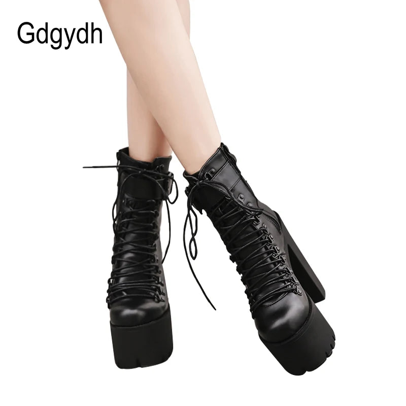 Gdgydh Stivali da moto moda Donna Pelle Primavera Autunno Fibbia in metallo Scarpe con tacco alto Cerniera Stivaletti neri Donna Allacciatura