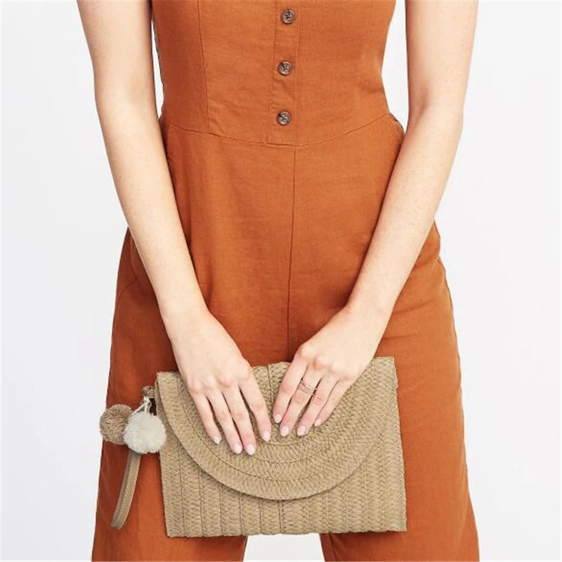 Pochette di paglia da spiaggia estiva borsa a tracolla con ciondolo a sfera carina per le donne borse a tracolla da viaggio borsa da donna borse Casual borsa di vimini