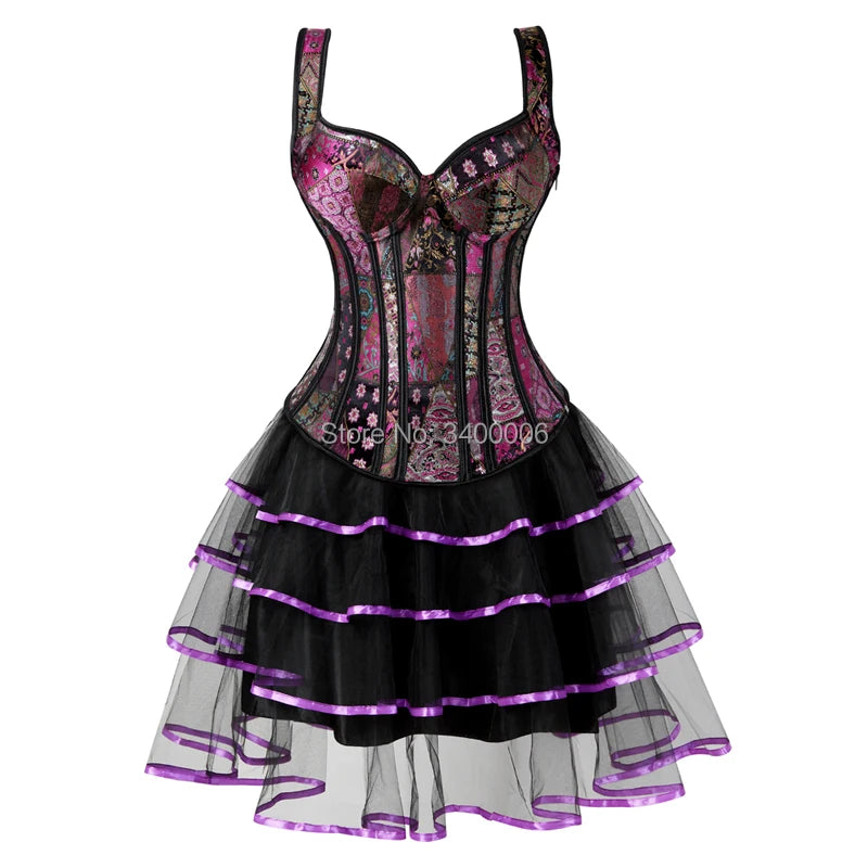 abiti corsetto bustier per donna gonna tutù set corsetto con cinturino con cerniera plus size jacquard gotico burlesque sexy vintage viola 6XL