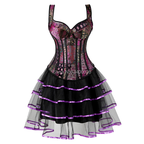 abiti corsetto bustier per donna gonna tutù set corsetto con cinturino con cerniera plus size jacquard gotico burlesque sexy vintage viola 6XL