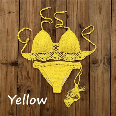 Costume da bagno donna all'uncinetto a mano in 10 colori Costume da bagno sexy con top corto push up Costume da bagno da spiaggia con nappa Pantaloncini da bagno