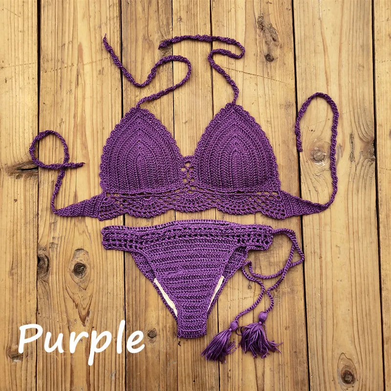 Costume da bagno donna all'uncinetto a mano in 10 colori Costume da bagno sexy con top corto push up Costume da bagno da spiaggia con nappa Pantaloncini da bagno