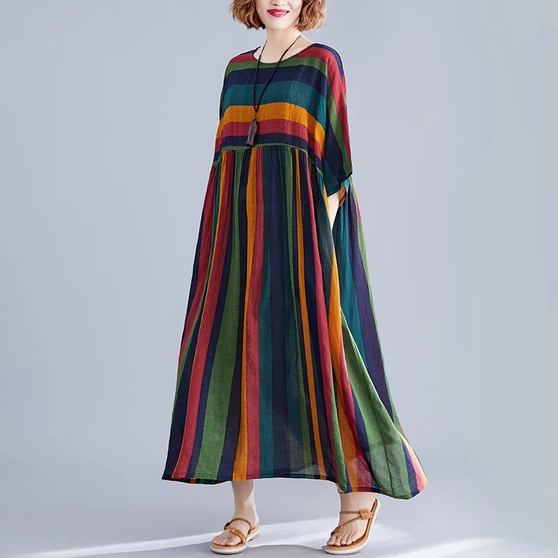 Abito estivo da donna a maniche corte, oversize, in cotone, a righe vintage, nuovo arrivo, casual, ampio, lungo, elegante, collezione 2026